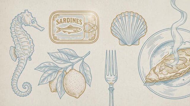 Hand Drawn Mediterranean Food Icons with Steaming Fish Plate Animation