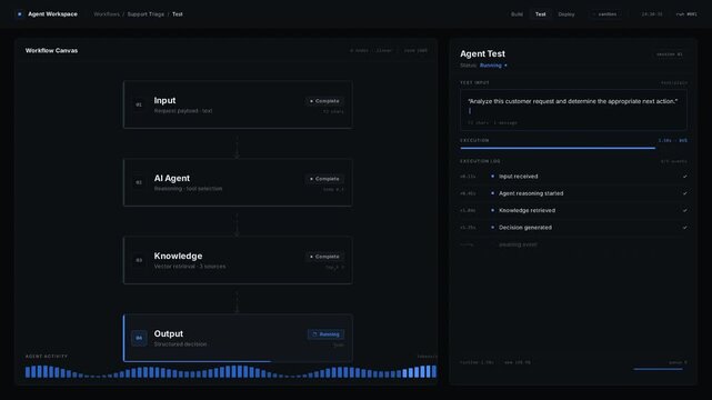 A professional dark-mode no-code AI agent testing sandbox displaying workflow and execution events, showcasing a seamless testing panel for AI development tasks.