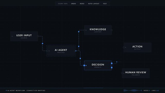 A clean dark-mode no-code workflow canvas illustrating the connection mapping of AI agent modules with animated paths and decision outputs for automation processes.