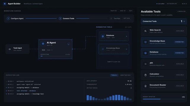 A dark-mode no-code AI agent tool selection interface showcasing a workflow canvas with modules like Database and Knowledge Base for seamless tool integration.