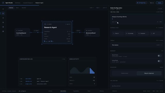 A dark-themed no-code visual AI agent node configuration builder interface showcasing an organized sidebar with settings and a central workflow node in action.