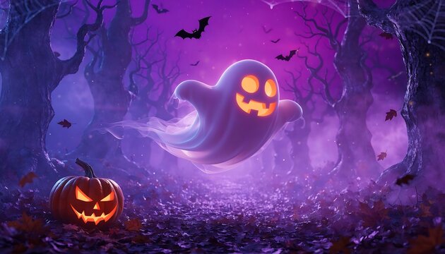 Cute Glowing Ghost and Spooky Pumpkin in Purple Fantasy Halloween Forest