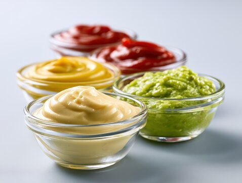 Assortment of sauces and condiments in glass bowls on a light gray surface