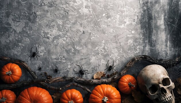 Spooky Halloween Flat Lay Background with Pumpkins and Spiders