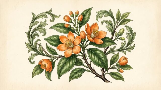 Vintage botanical animation of orange flowers blooming on leafy branch with ornamental scrolls.