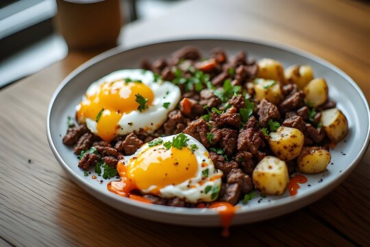beef bulgogi hash with fried eggs served on a plate