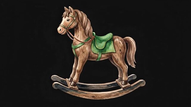 Vintage wooden rocking horse with green saddle rocking against black background