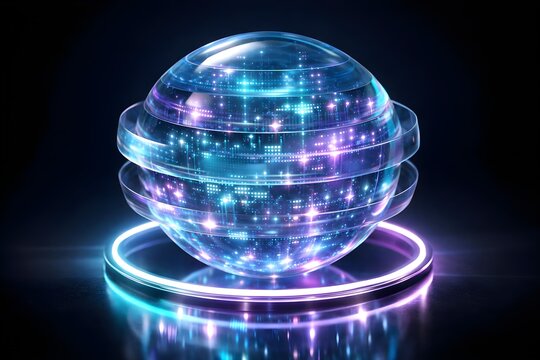 Futuristic transparent digital sphere surrounded by glowing data particles representing global connectivity and technology