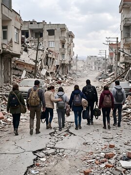 Civilians Carrying Essential Belongings While Escaping a Heavily Damaged City After an Earthquake