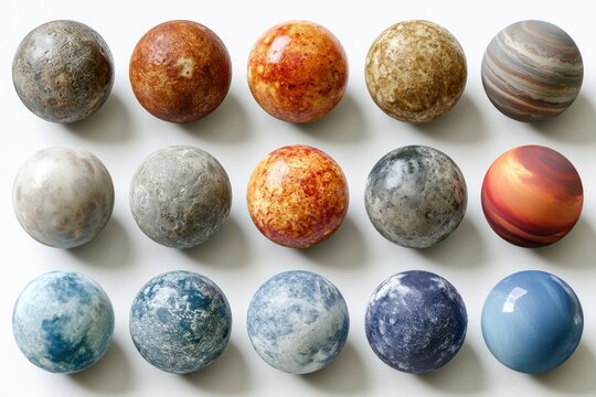 Collection of textured spheres representing planets in a grid layout