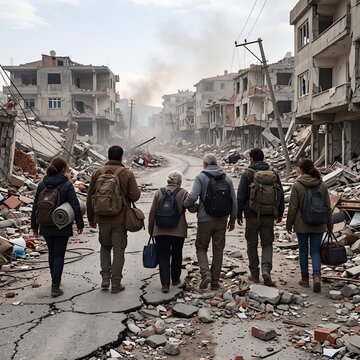 Group of People Walking Through Rubble During an Emergency Earthquake Evacuation