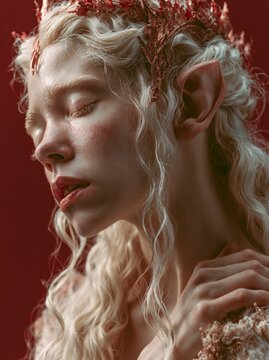 Ethereal elf queen with delicate crown and flowing blonde hair on red background
