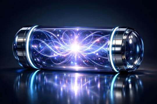 Futuristic energy chamber with glowing particles and electric waves representing advanced power technology and innovation