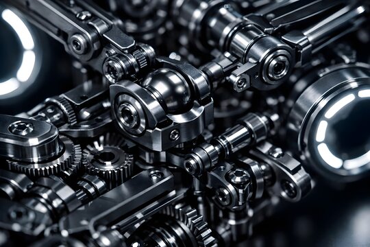 Abstract metallic mechanical components arranged in a complex industrial structure representing advanced engineering technology