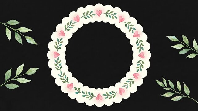 Animated circular watercolor floral frame with hearts and swaying leaves on dark background