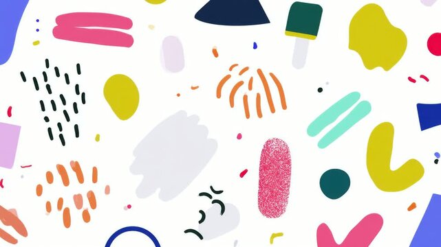 Colorful abstract shapes and playful doodles on white background, hand drawn digital background animation, seamless loop