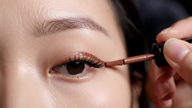 Close-up of a woman applying brown mascara to her eyelashes, enhancing her eye makeup.