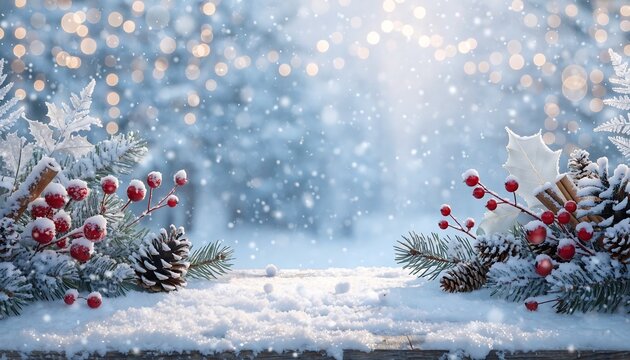 Snowy Winter Holiday Background with Frosty Pinecones