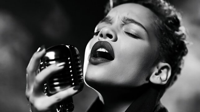 Close-up of a soulful singer performing with a vintage microphone