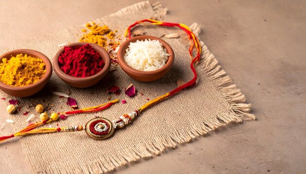 Raksha Bandhan Rakhi with Kumkum Rice and Turmeric on Burlap