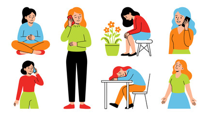 Sad and Happy Women Flat Vector Illustration Set