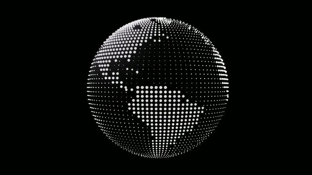 Dotted planet earth rotating on black background, stop motion animation, seamless loop