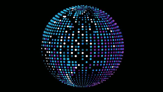 Abstract digital Earth globe made of glowing dots on black background, seamless loop