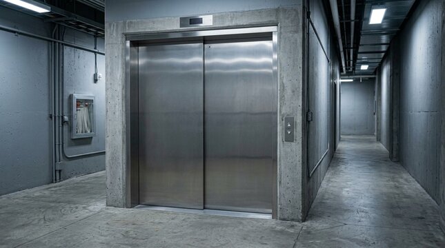 Waste elevator doors standing closed within a quiet service corridor (in hospital setting) | Hospital waste service elevator facility