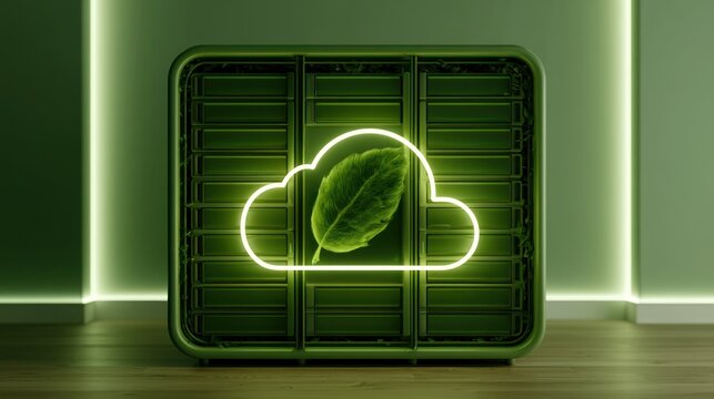 Green cloud icon with leaf symbol on abstract server rack background