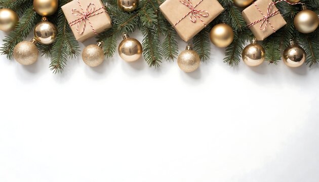 Christmas Holiday Border Background with Gold Ornaments, Fir Branches, and Wrapped Gifts