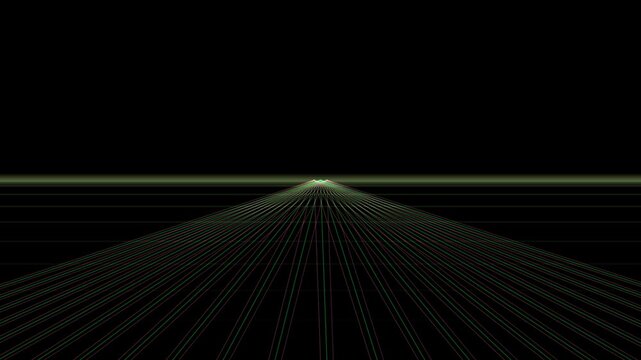 Green grid lines converge toward a vanishing point on a black background, creating a retro digital horizon.
