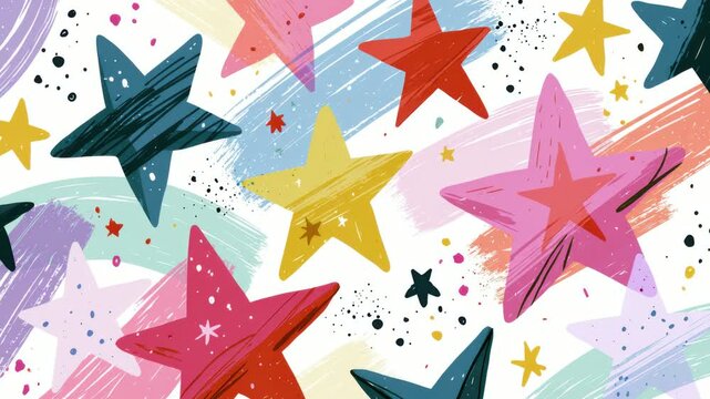 Colorful hand drawn stars and paint strokes pattern background, abstract backdrop, seamless loop
