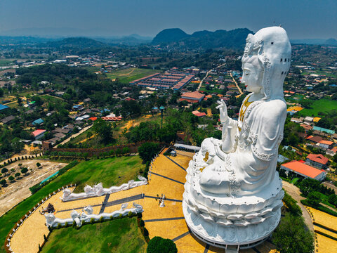 Aerial view White Wat Huay Pla Kang Goddess of Mercy, temple in Chiang Rai, Thailand