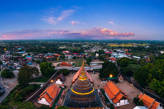 Wat Phra That Lampang Aerial view. Buddhist temple complex in Thailand.