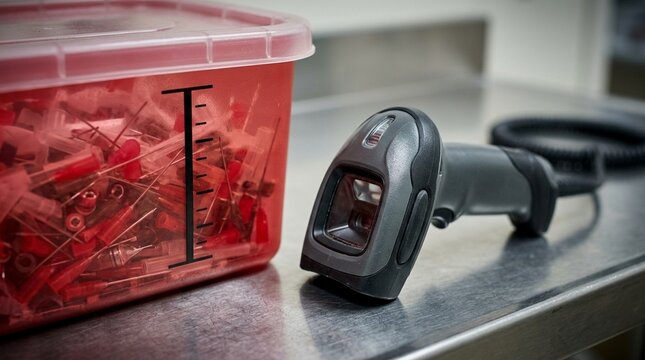 Sharps container fill line mounted on a bedside headwall (in hospital setting) | Sharps disposal container healthcare safety