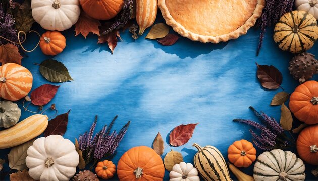 Autumn Harvest Frame with Pumpkins, Leaves, and Pie on Blue Wooden Background
