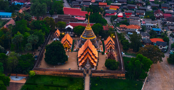 Aerial view Wat Phra That Lampang on sunset, Buddhist temple complex in Thailand