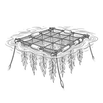 Seaweed farming net raft in ocean for sustainable aquaculture infographic