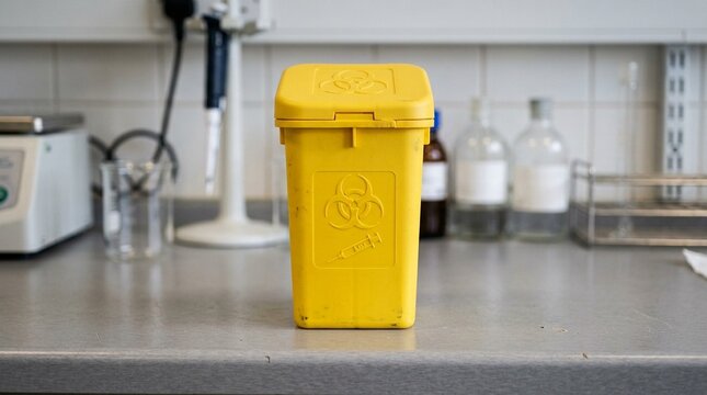 Sharps disposal box countertop standing closed on a laboratory bench (close-up) | Sharps disposal box medical safety