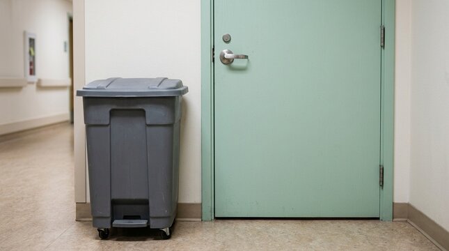 Waste collection bin standing beside a patient room door (close-up) | Hospital waste collection bin corridor