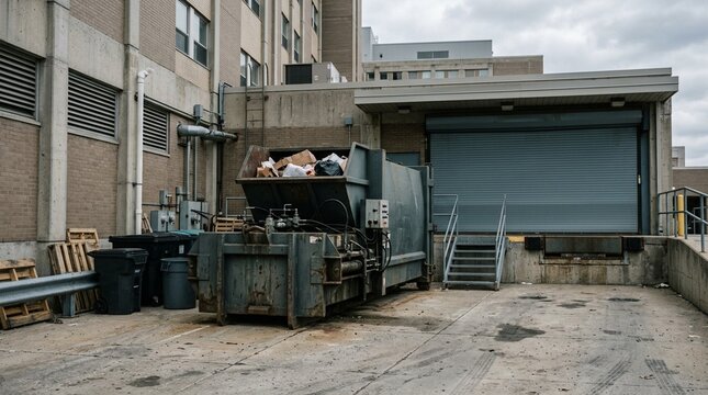 Waste compactor unit resting beside the hospital loading dock (in hospital setting) | Medical waste compactor hospital facility