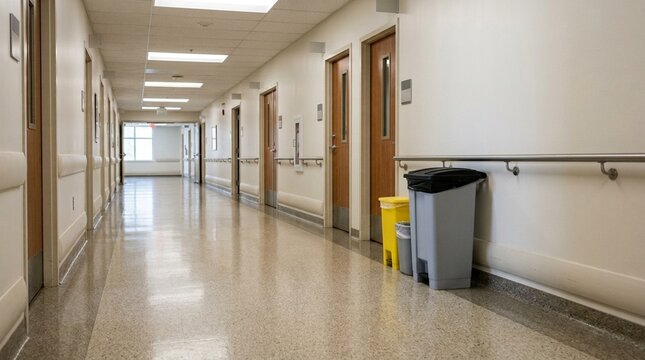 Waste collection bin standing in a quiet hospital corridor (wide view) | Hospital waste collection bin corridor