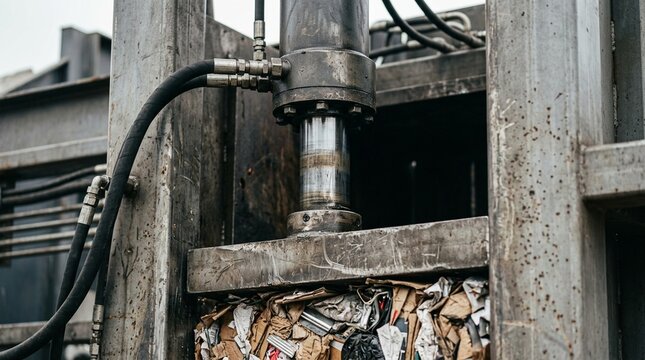 Waste compactor unit close-up showing a hydraulic ram mechanism (macro close-up) | Medical waste compactor hospital facility