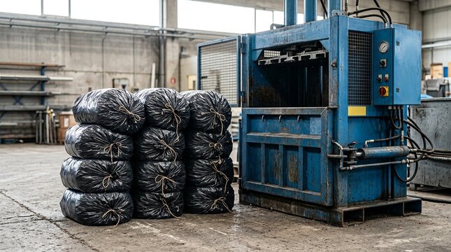 Waste compactor unit standing beside a stack of sealed waste bags (detail view) | Medical waste compactor hospital facility