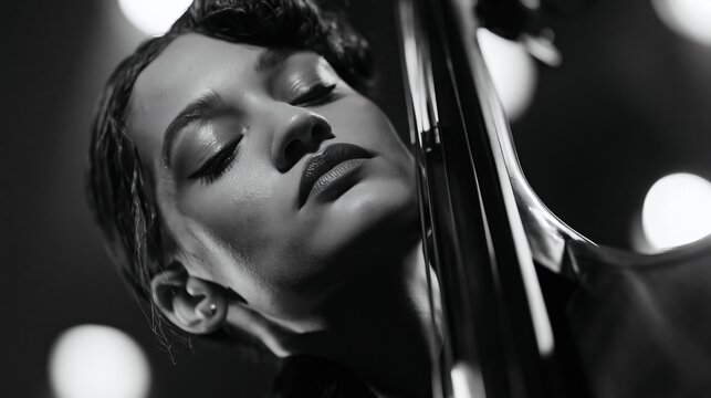Close-up portrait of a woman playing the double bass with eyes closed in black and white