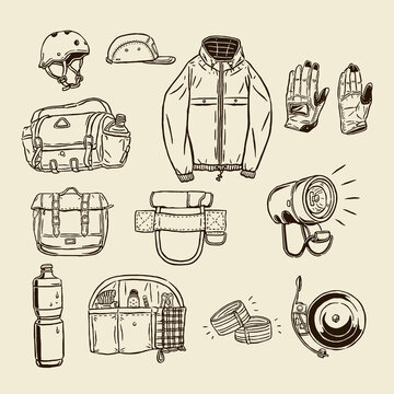 Hand drawn line art illustration set of cycling commuter gear and bike repair tools including a helmet, satchel bag, water bottle, and headlight in a sketch style.