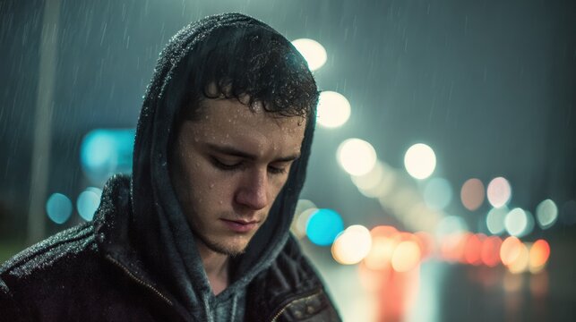 Hooded young man alone on rainy city night