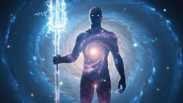 Cosmic deity holding a glowing trident standing in front of a giant spiral galaxy representing infinite universe and divine power
