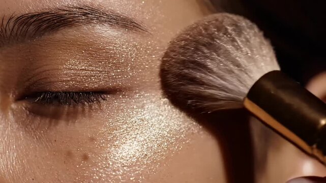 Close-up of a womans eye as she applies shimmering eyeshadow with a brush, highlighting her beauty routine.