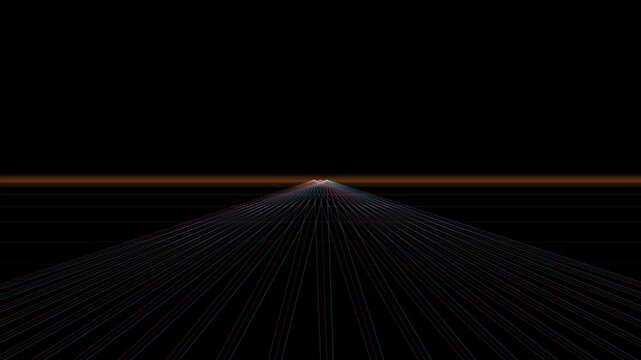 Abstract retro perspective grid converging toward a glowing orange horizon against a dark void